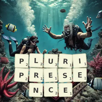 Creative illustration for a Scrabble game with the word PLURIPRESENCE spelled out in tiles on the board.
