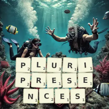 Creative illustration for a Scrabble game with the word PLURIPRESENCES spelled out in tiles on the board.