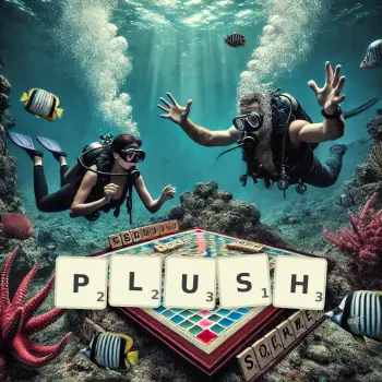 Creative illustration for a Scrabble game with the word PLUSH spelled out in tiles on the board.