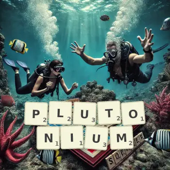 Creative illustration for a Scrabble game with the word PLUTONIUM spelled out in tiles on the board.