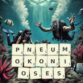 Creative illustration for a Scrabble game with the word PNEUMOKONIOSES spelled out in tiles on the board.