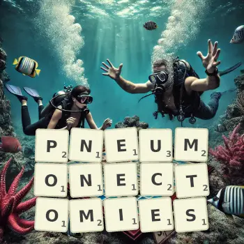 Creative illustration for a Scrabble game with the word PNEUMONECTOMIES spelled out in tiles on the board.