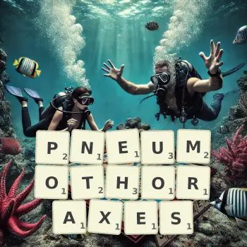 Creative illustration for a Scrabble game with the word PNEUMOTHORAXES spelled out in tiles on the board.