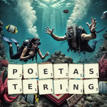 Creative illustration for a Scrabble game with the word POETASTERING spelled out in tiles on the board.