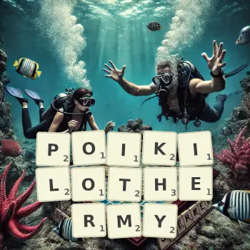Creative illustration for a Scrabble game with the word POIKILOTHERMY spelled out in tiles on the board.