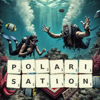 Creative illustration for a Scrabble game with the word POLARISATION spelled out in tiles on the board.