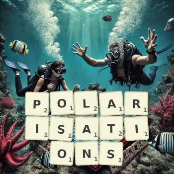 Creative illustration for a Scrabble game with the word POLARISATIONS spelled out in tiles on the board.