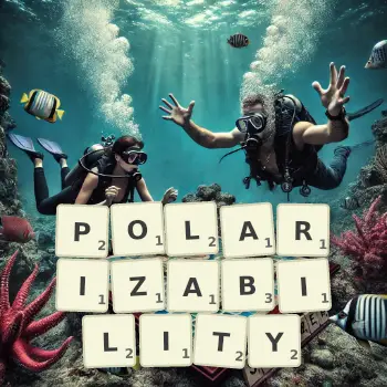 Creative illustration for a Scrabble game with the word POLARIZABILITY spelled out in tiles on the board.