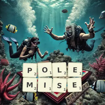 Creative illustration for a Scrabble game with the word POLEMISE spelled out in tiles on the board.