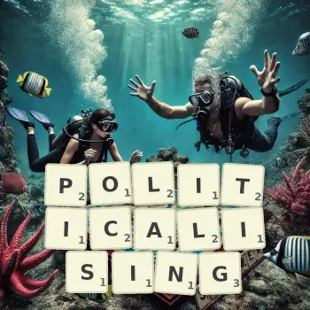 Creative illustration for a Scrabble game with the word POLITICALISING spelled out in tiles on the board.