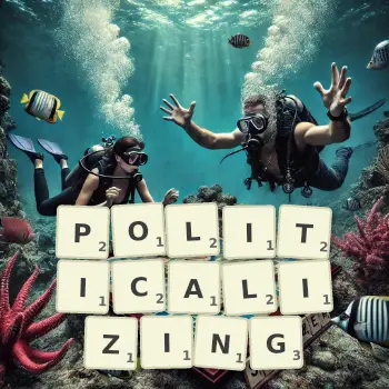 Creative illustration for a Scrabble game with the word POLITICALIZING spelled out in tiles on the board.