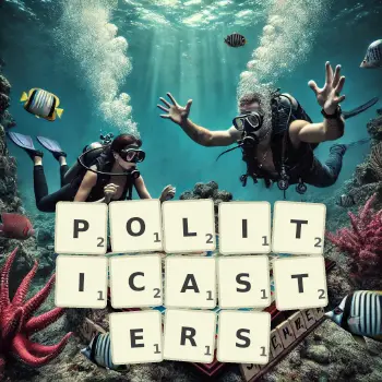 Creative illustration for a Scrabble game with the word POLITICASTERS spelled out in tiles on the board.