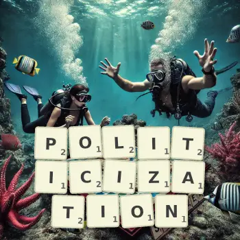 Creative illustration for a Scrabble game with the word POLITICIZATION spelled out in tiles on the board.
