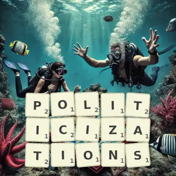Creative illustration for a Scrabble game with the word POLITICIZATIONS spelled out in tiles on the board.