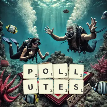 Creative illustration for a Scrabble game with the word POLLUTES spelled out in tiles on the board.