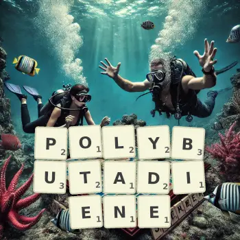 Creative illustration for a Scrabble game with the word POLYBUTADIENE spelled out in tiles on the board.