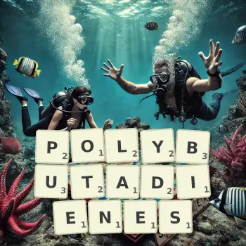 Creative illustration for a Scrabble game with the word POLYBUTADIENES spelled out in tiles on the board.