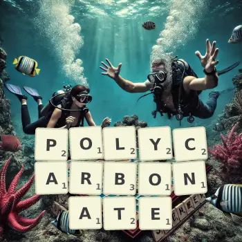 Creative illustration for a Scrabble game with the word POLYCARBONATE spelled out in tiles on the board.
