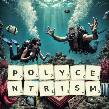 Creative illustration for a Scrabble game with the word POLYCENTRISM spelled out in tiles on the board.