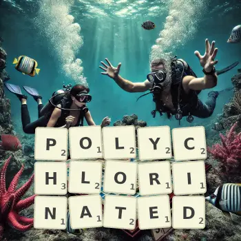 Creative illustration for a Scrabble game with the word POLYCHLORINATED spelled out in tiles on the board.