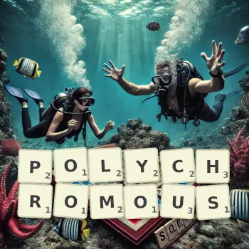 Creative illustration for a Scrabble game with the word POLYCHROMOUS spelled out in tiles on the board.