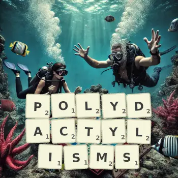 Creative illustration for a Scrabble game with the word POLYDACTYLISMS spelled out in tiles on the board.