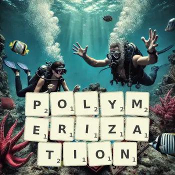 Creative illustration for a Scrabble game with the word POLYMERIZATION spelled out in tiles on the board.