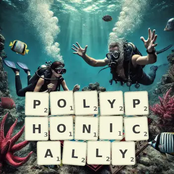 Creative illustration for a Scrabble game with the word POLYPHONICALLY spelled out in tiles on the board.