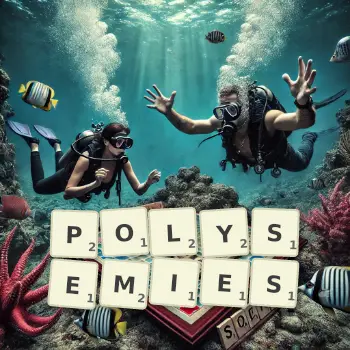 Creative illustration for a Scrabble game with the word POLYSEMIES spelled out in tiles on the board.