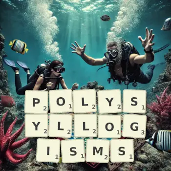 Creative illustration for a Scrabble game with the word POLYSYLLOGISMS spelled out in tiles on the board.