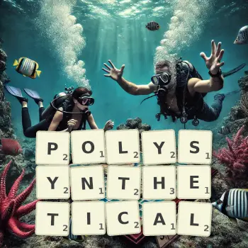 Creative illustration for a Scrabble game with the word POLYSYNTHETICAL spelled out in tiles on the board.