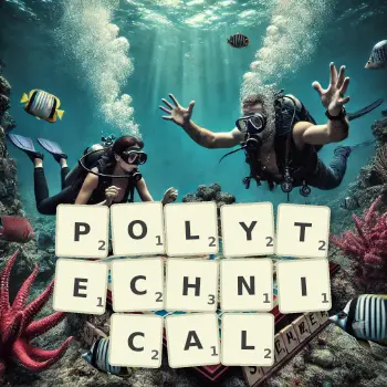Creative illustration for a Scrabble game with the word POLYTECHNICAL spelled out in tiles on the board.