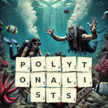 Creative illustration for a Scrabble game with the word POLYTONALISTS spelled out in tiles on the board.