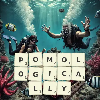 Creative illustration for a Scrabble game with the word POMOLOGICALLY spelled out in tiles on the board.
