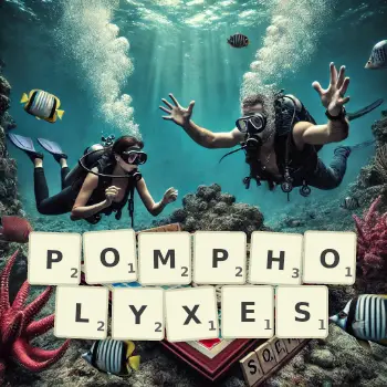 Creative illustration for a Scrabble game with the word POMPHOLYXES spelled out in tiles on the board.