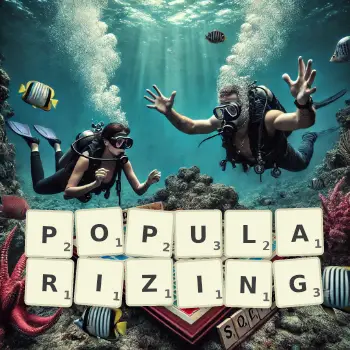 Creative illustration for a Scrabble game with the word POPULARIZING spelled out in tiles on the board.