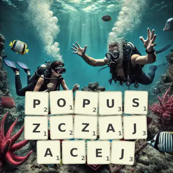 Creative illustration for a Scrabble game with the word POPUSZCZAJACEJ spelled out in tiles on the board.