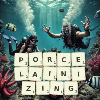 Creative illustration for a Scrabble game with the word PORCELAINIZING spelled out in tiles on the board.