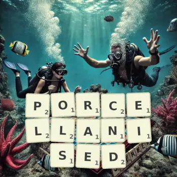 Creative illustration for a Scrabble game with the word PORCELLANISED spelled out in tiles on the board.