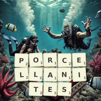 Creative illustration for a Scrabble game with the word PORCELLANITES spelled out in tiles on the board.