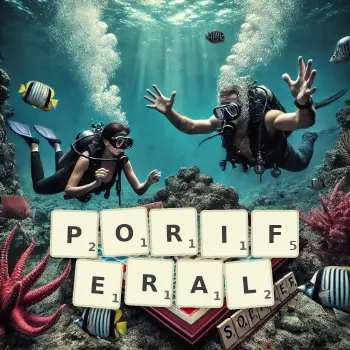 Creative illustration for a Scrabble game with the word PORIFERAL spelled out in tiles on the board.