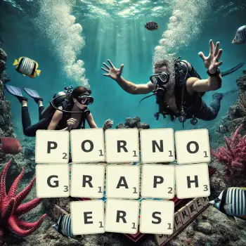 Creative illustration for a Scrabble game with the word PORNOGRAPHERS spelled out in tiles on the board.