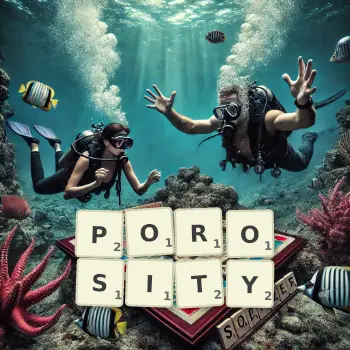Creative illustration for a Scrabble game with the word POROSITY spelled out in tiles on the board.