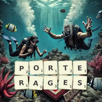 Creative illustration for a Scrabble game with the word PORTERAGES spelled out in tiles on the board.