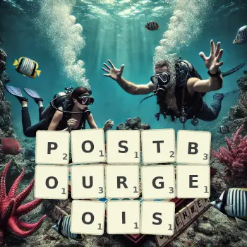 Creative illustration for a Scrabble game with the word POSTBOURGEOIS spelled out in tiles on the board.