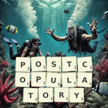 Creative illustration for a Scrabble game with the word POSTCOPULATORY spelled out in tiles on the board.