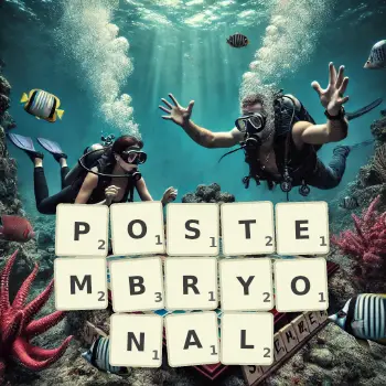 Creative illustration for a Scrabble game with the word POSTEMBRYONAL spelled out in tiles on the board.