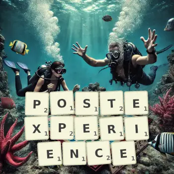 Creative illustration for a Scrabble game with the word POSTEXPERIENCE spelled out in tiles on the board.