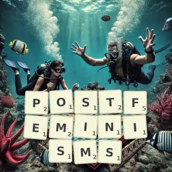 Creative illustration for a Scrabble game with the word POSTFEMINISMS spelled out in tiles on the board.