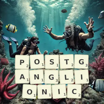 Creative illustration for a Scrabble game with the word POSTGANGLIONIC spelled out in tiles on the board.